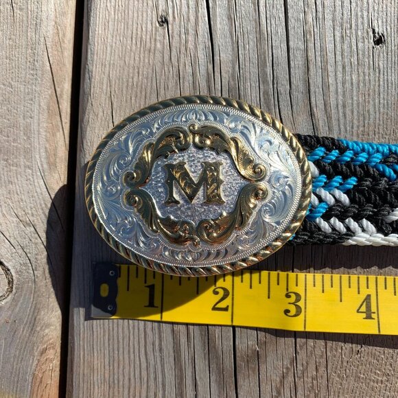 Vintage Montana Silversmiths Silver Engraved Gold Initial Buckle Braided Belt - Picture 12 of 13